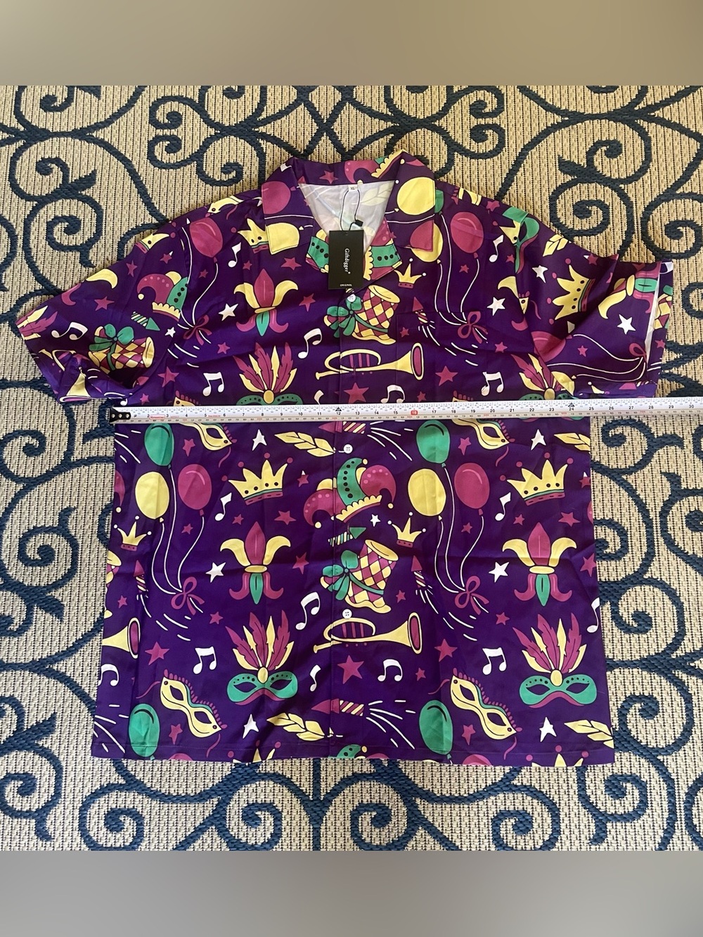 Men's Purple Carnival Print Short Sleeve Button-Down Shirt - Picture 5 of 8